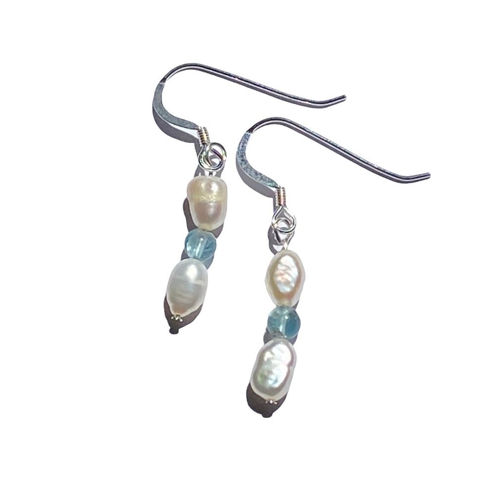 Hand Crafted Earrings White Pearls & Apatite .925 Silver Dangle Long Pierced